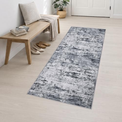 2.6x8 Washable Runner Rug：Modern Abstract Kitchen Soft Carpet Grey - Image 3