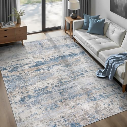 pmtsns Area Rugs 6x9 for Living Room: Washable Rug Modern Abstract Neutral Soft Non-Slip Low-Pile Indoor Carpet for Bedroom Dining Room Playroom Home Office (Light Blue Brown, 6'x9') by pmtsns
