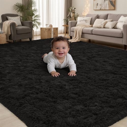 PLHXFR 4x6 Area Rugs Living Room: Fluffy Bedroom Rug Shag Carpet Black by PLHXFRSoftAreaRugs