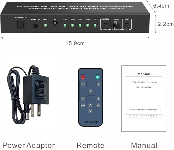 iArkPower 5 in 1 Out 4K@60Hz HDMI Switch Audio Extractor with Optical & 3.5mm Out, HDMI 2.0 Audio Splitter Support HDR 10, HDCP 2.2, 18Gbps, Dolby Vision Atmos, ARC, not eARC