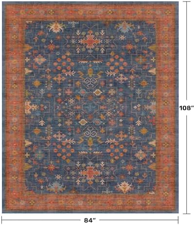 Hazo Haus Dining Room Rugs for Under Table - 7x9 Washable Area Rug for Living Room, Low Pile Non-Slip Rugs for Bedroom - Navy Blue Vintage Boho Unique Home Decor - Image 2