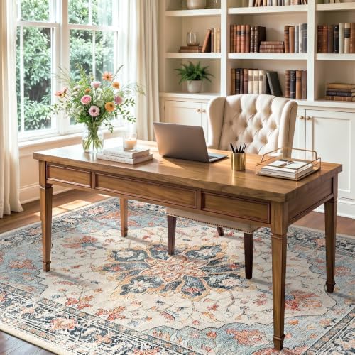 RELEANY Washable Area Rug, 6'x9', Beige/Blue/Orange - Image 2