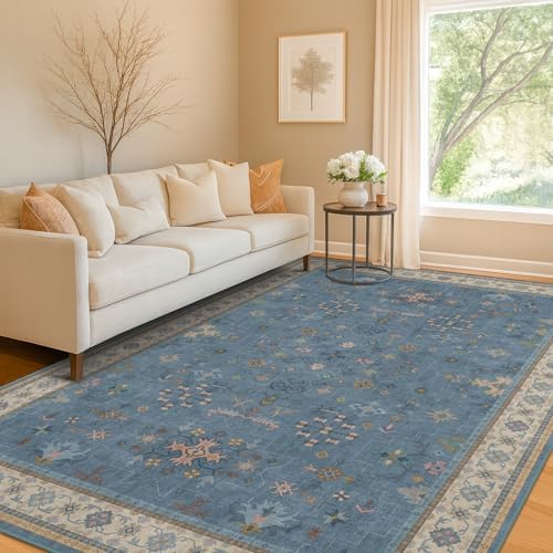 Washable 5x7 Blue Rugs for Kids Room, Boho 5 x 7 Nursery Rug Boys, Colorful Eclectic Low-Pile Carpet for Bedroom, Dining Table, Non-Slip with Rubber Back - Image 6