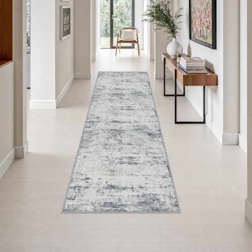 2.6x8 Washable Runner Rug：Modern Abstract Soft Carpet Blue Grey by FXRHLP