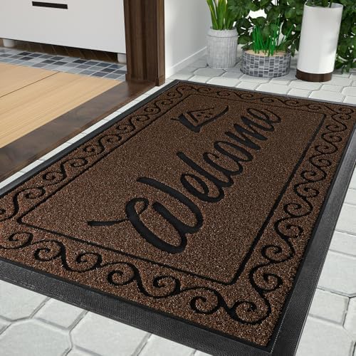 Yimobra Welcome Mat Outdoor Indoor, Waterproof Heavy Duty Front Door Mat Outside Entrance, Extra Sturdy Non-Slip Doormat, Low Profile, Dirt Trapping, 36x24 Inches, Coffee by Yimobra
