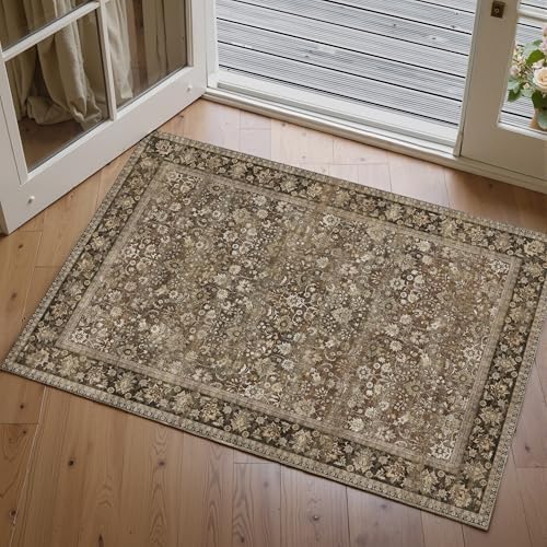 HUGEAR 2x3 Brown Vintage Floral Washable Area Rug for Entryway - Image 2