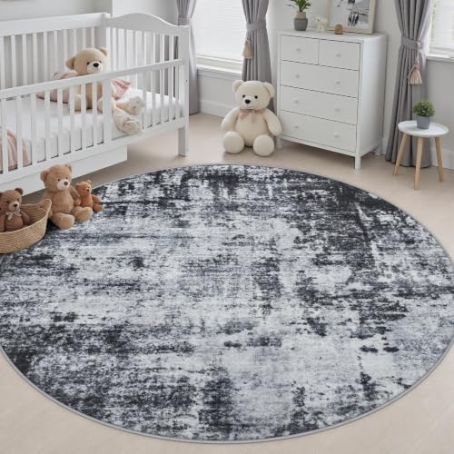 Round Area Rug Living Room: 6 ft Modern Washable Carpet Dark - Image 5