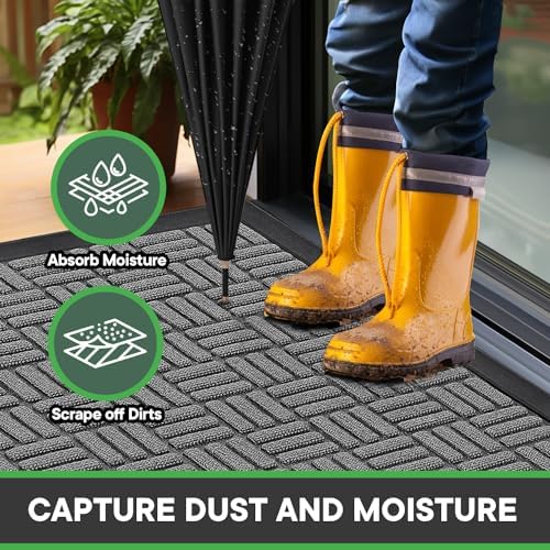 Mibao Front Door Mat Outdoor Entrance, 47" x 24" Heavy Duty Welcome Mat for Outdoor and Indoor, Waterproof Dirt Trapper Doormat, Super Absorbent Indoor Entryway Mat for Patio & Porch - Light Gray - Image 3
