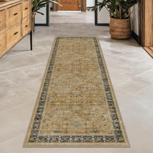 Hazo Haus Vintage 2x8 Runner Rug for Hallway, Boho Long Runner Rug for Kitchen, Bathroom, Non-Slip Low-Pile Washable Stain Resistant, Rustic Brown and Charcoal Olive Earthy Décor - Image 6