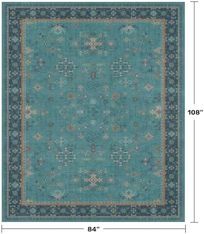 Boho Teal 7x9 Soft Rugs for Living Room, Washable Turquoise Rug for Bedroom Under Bed, Vintage Non Slip Floral Dining Room Carpet, Low Pile Soft Fade Resistant - Image 2
