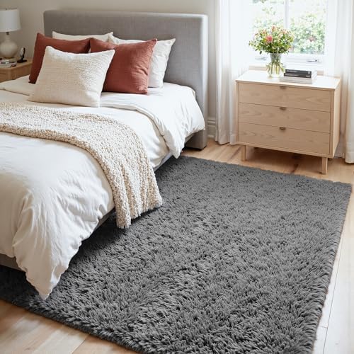 4x6 Fluffy Shag Area Rugs for Living Room Bedroom: Soft Carpet Light Gray - Image 3