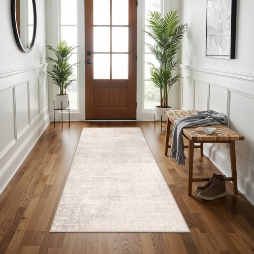 Washable 3x5 Kitchen Area Rug: Non-Slip Abstract Water-Resistant Entryway Doormat Soft Sink Fridge Bedroom Carpet Low Pile Stain-Resistant Bathroom Laundry Neutral Faded Floor Mat(3X5,Beige/Cream) - Image 4