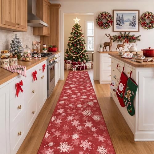 2x10 Christmas Runner Rug for Hallway,Washable Kitchen Rugs,Red - Image 5