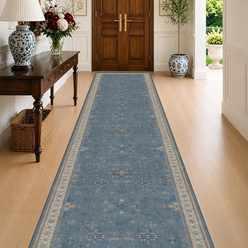 Vintage 3x12 Long Hallway Runner Rug - Blue Boho 3x12 Kitchen Floor Mat, Washable Low Pile Thin Carpet for Bedroom Bedside, Modern Eclectic Boho Design Décor by HazoHaus