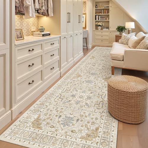 Madane Hallway Runner Rug 3x10 Washable Kitchen Runners 10ft, Beige/Blue by Madane