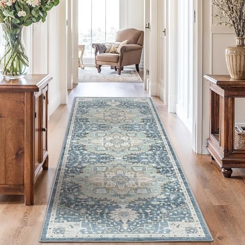 Amada 2'6"x10' Washable Runner Rug for Hallway, Blue/Yellow, Vintage Style by AMADAHOMEFURNISHING