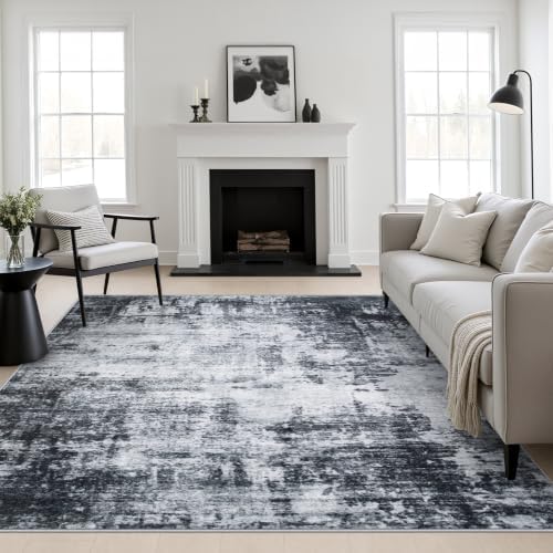 Area Rug Living Room: 8x8 Modern Washable Soft Carpet Dark Black by FXRHLP