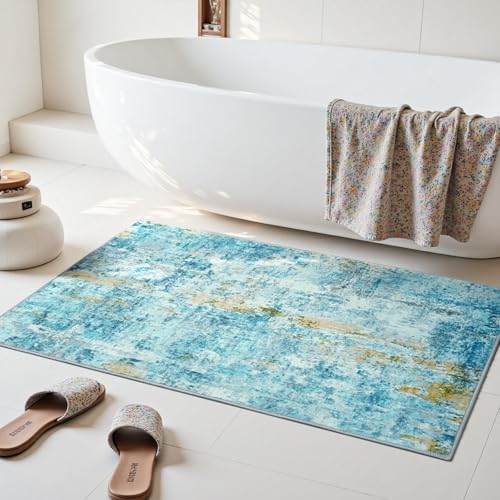 Entrance Rugs Indoor 2x3 Teal Blue Entry Rug Washable Abstract Small Area Rug Non-Slip Low Pile Throw Rugs for Entryway, Kitchen Floor, Front Door Indoor Door Mat, Bathroom, Bedroom Bedside - Image 4
