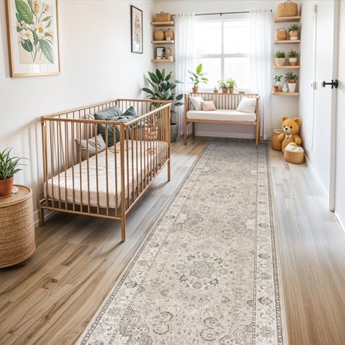 Washable 3x12 Hallway Runner Rug: Vintage Non Slip Soft Rug for Entryway Kitchen Living Room Low-Pile Water Resistant Carpet for Bathroom Nursery Thin Floor Mat for Bedroom Dining Room(Beige,3x12) - Image 6