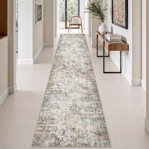 2.6x14 Washable Runner Rug:Modern Abstract Indoor Soft Carpet Brown by FXRHLP