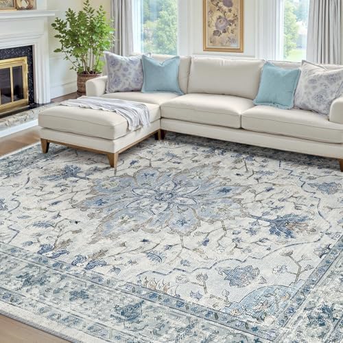 RELEANY Washable Area Rug, 7'x10', Blue/White/Gray by RELEANY