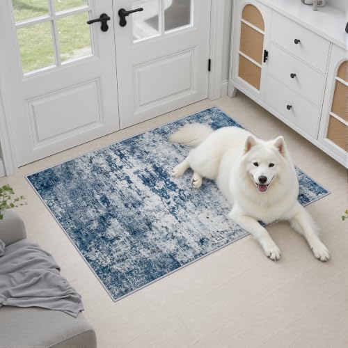 2x3 Washable Entryway Rug: Modern Abstract Indoor Soft Carpet Blue - Image 3