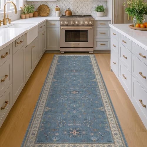 Boho 2'6"x10' Wide Runner Rugs for Hallway Non Skid- 10ft Light Blue Washable Non Slip Long Entryway Rug, Low Pile Geometric Floral Indoor Décor - Image 6
