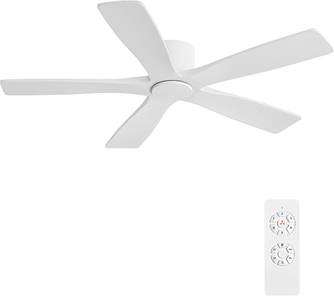 WINGBO 48" Flush Mount DC Ceiling Fans Without Lights, 5 Carved Solid Wood Blades, 6-Speed Reversible DC Motor, Low Profile Hugger Ceiling Fan No Lights for Living Room Bedroom Patio, Gloss White
