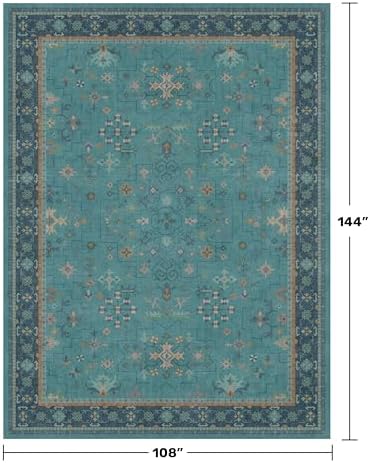 Boho 9x12 Large Teal Green Washable Living Room Rug - Vibrant Turquoise Rug for Bedroom Under Bed, Dining Room Under Table, Geometric Floral Low Pile & Soft Stain Resistant Carpet - Image 2