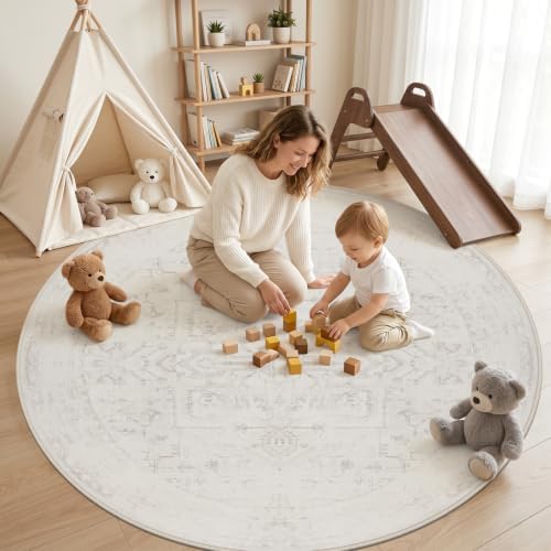 Round Area Rug Living Room: 8ft Washable Carpet Neutral Cream - Image 3