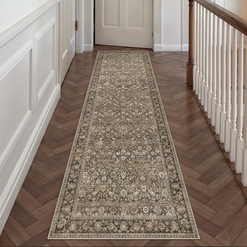 HUGEAR 2x12 Brown Vintage Floral Washable Runner Rug for Hallway by HUGEAR