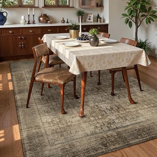 Washable Area Rug 8' x 10' Vintage Traditional Persian Mat - Foldable Distressed Non-Slip Machine Washable Carpet for Living Room Bedroom Kitchen Home Decor - Mocha and Taupe - Image 3