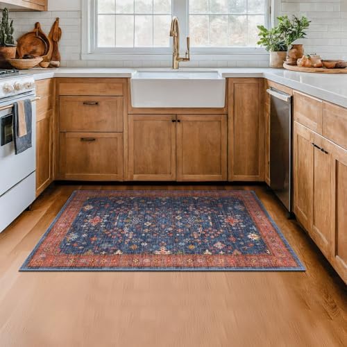 Washable Kitchen Rugs, 3x4 Area Rug for Large Entryway Indoor, Kitchen Mat, Small Rug for Living Room - Stain Resistant Non Skid Non Slip Rubber Backing, Boho Aethestic Décor (3x4 Navy Blue) by HazoHaus