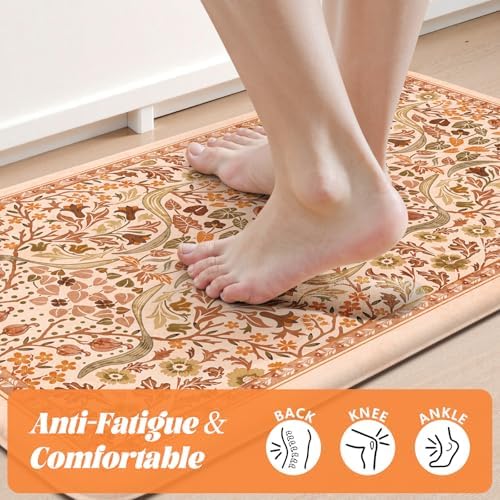 Collive Fall Anti Fatigue Kitchen Mats, Burnt Orange Floral Kitchen Rugs - Image 3