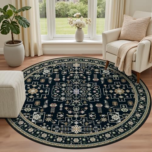 Round Area Rug for Living Room: 6ft Washable Rug for Bedroom Black - Image 2