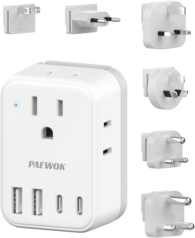 PAEWOK European Travel Plug Adapter Set, 8-in-1 Travel Adapter with 4 AC, 4 USB Ports (2 USB C), US to EU/UK Universal Adapter, International Power Adapter with Type C/G/A/I/D/M Detachable Plugs