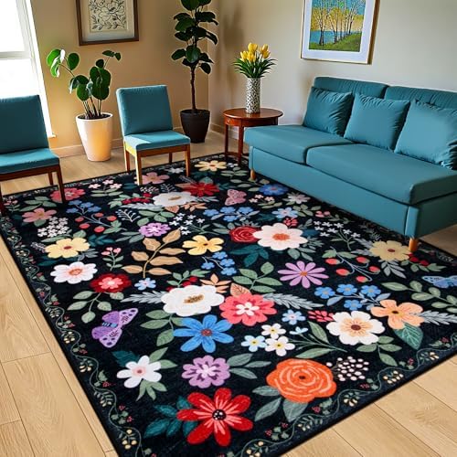 PLHXFR 8x10 Area Rug Living Room: Floral Washable Boho Soft Carpet Black - Image 2