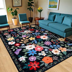 PLHXFR Area Rug 10x12 Living Room: Floral Washable Boho Soft Carpet Black - Image 2