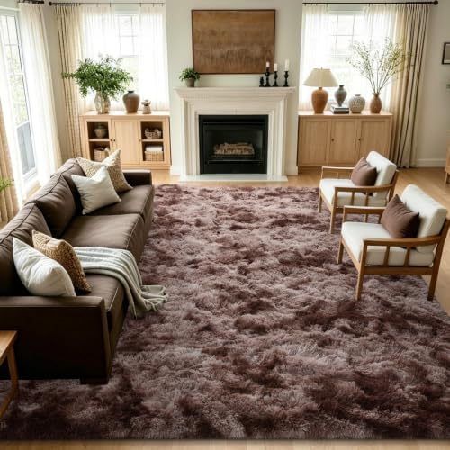 8x10 Extra Large Tie-Dyed Brown Fluffy Area Rug Non-Slip for Living Room by ModernHomeDecor
