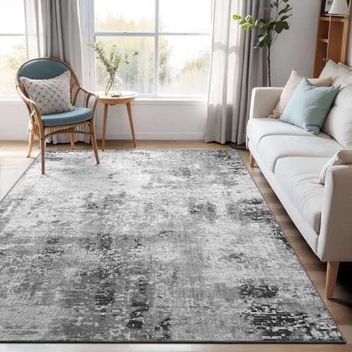 Area Rug 4x6 Grey Rug Washable Boho Rugs Non Slip Low Pile Abstract Small Carpet for Entryway, Bedroom, Kitchen, Classroom, Kids Room, Office, Dorm, Dining Room Gray by OmpaaHomeDecor