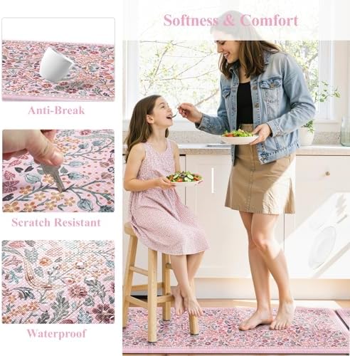 Collive Kitchen Mats for Floor, Pink Floral Rugs 17.3"x47"+17.3"x29" - Image 6