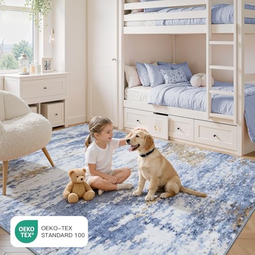 5x7 Area Rug for Living Room, Abstract Washable Non-Slip Rugs, Light Blue - Image 5