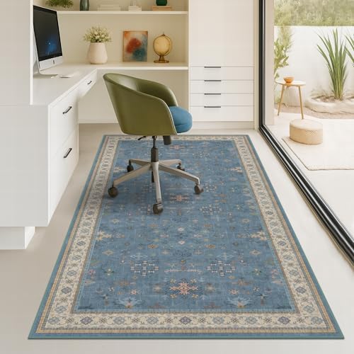 Washable 4x6 Small Rug for Living Room, Area Rug for Kitchen, Bedside, Large Entryway Indoor - Stain Resistant Non Slip with Rubber Backing, Unique Floral Aethestic Décor, Light Blue & Aqua - Image 3