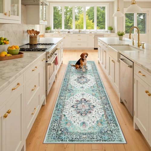 RELEANY Washable Area Rug, Runner 2'6"x8', Teal Green/White/Navy by RELEANY