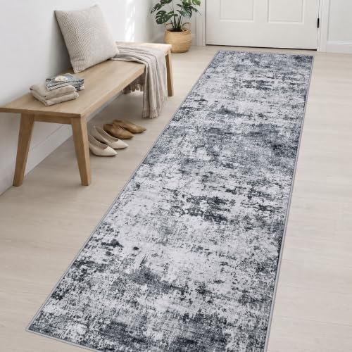 3x14 Washable Runner Rug：Modern Abstract Kitchen Soft Carpet Grey - Image 3