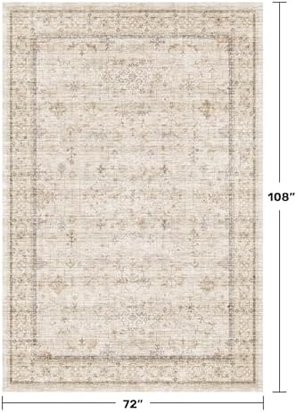 Washable Ivory 6x9 Living Room Rug, Non Slip Dinning Rugs for Under Table, Low Pile Neutral Farmhouse Retro Foldable Carpet for Bedroom, Office - Image 2