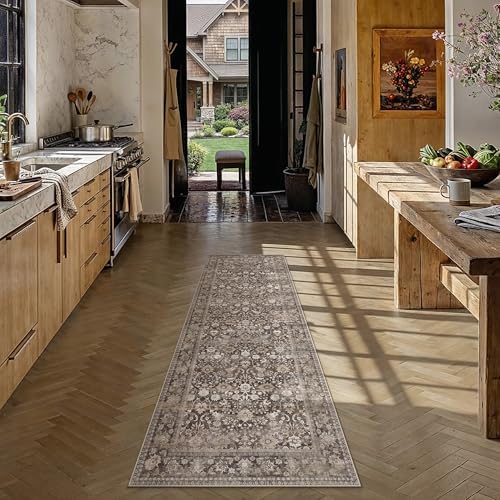 HUGEAR 2x6 Coffee Brown Vintage Floral Washable Runner Rug for Hallway - Image 2