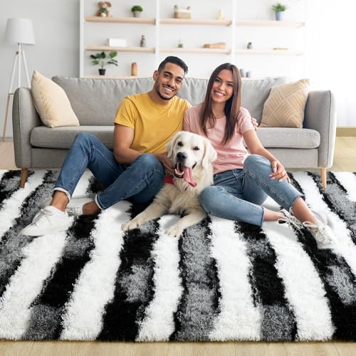 5x7 Black and White Fluffy Soft Area Rug Non-Slip for Living Room Bedroom - Image 4