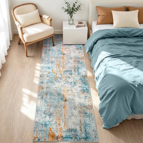 2x7 Blue Rug Runners for Hallways Kitchen Runner Rug Non Slip Washable Black Long Runner Rugs with Rubber Backing Soft Abstract Carpet Runner for Bedroom, Kitchen, Bathroom, Entryway - Image 3