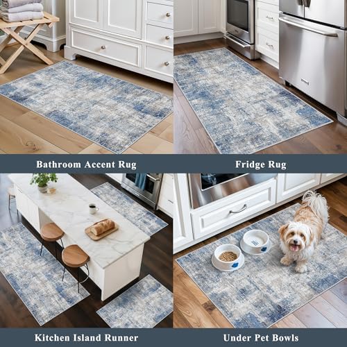 Kitchen Mats for Floor 3 Piece Set, Washable Non-Slip Farmhouse Kitchen Rugs for Hardwood Floor, Rustic Floral Boho Runner Rug for Sink,Entryway & Hallway & Bathroom (Blue/Grey/Ivory,2x3+2x4+2x5) - Image 5
